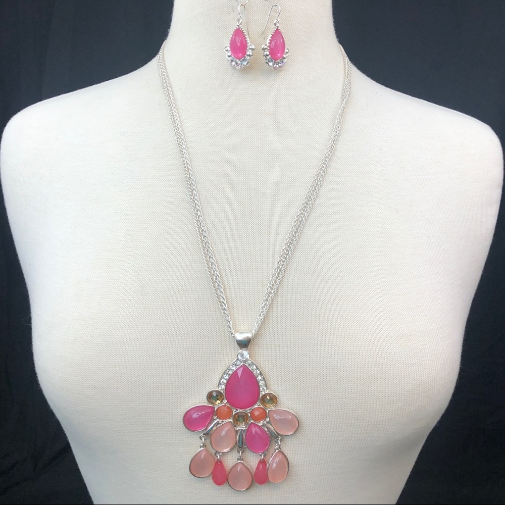 Pink Chunky Pendant Long Necklace Earrings Set